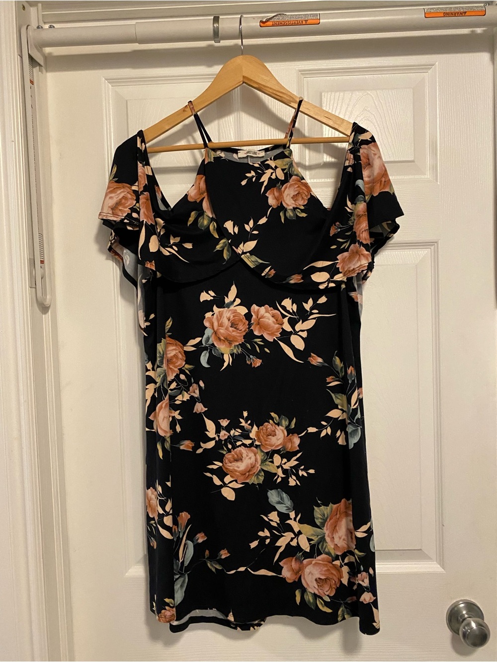 First Love Black Cold-Shoulder Floral Dress with Peach Roses